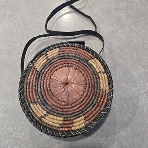 Women's Handwoven Round Rattan/Leather Crossbody Bag w/Leather Straps - SML